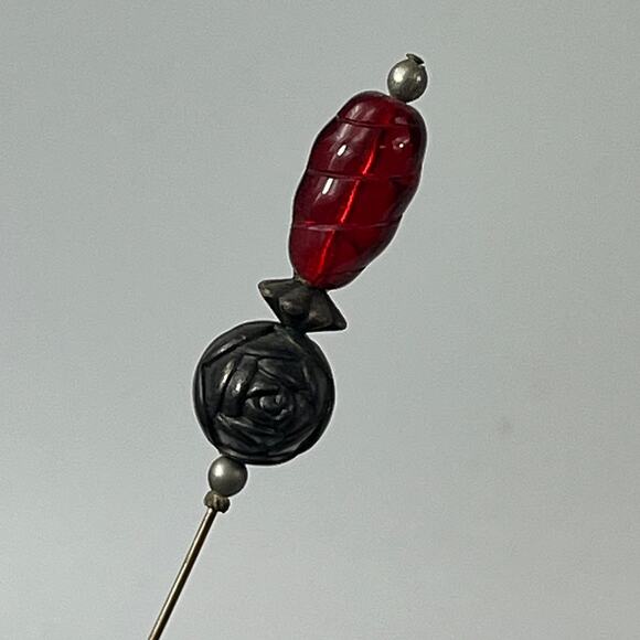 Vintage 8" Hat Pin Red Swirl Glass Carved Rose Bead Stick Pin Mid Century - Picture 3 of 6